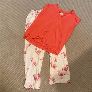 Soma Cool Nights Orange and White Pajama Set with Flamingo Print Pants